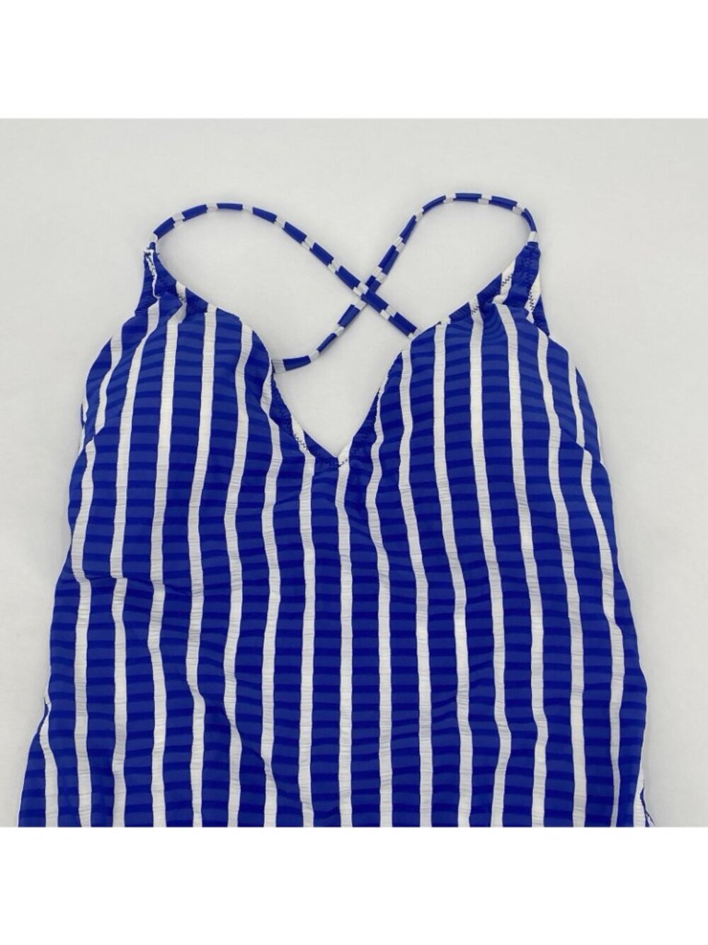 J.Crew Size 10 Blue White Lace Up Back One Piece Swimsuit Puckered Stripe H2911 - Picture 7 of 14